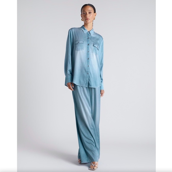 560. SPLENDID x Kate Young Silk Button-Down Denim-Print Shirt $328 NWT XS - Picture 6 of 6